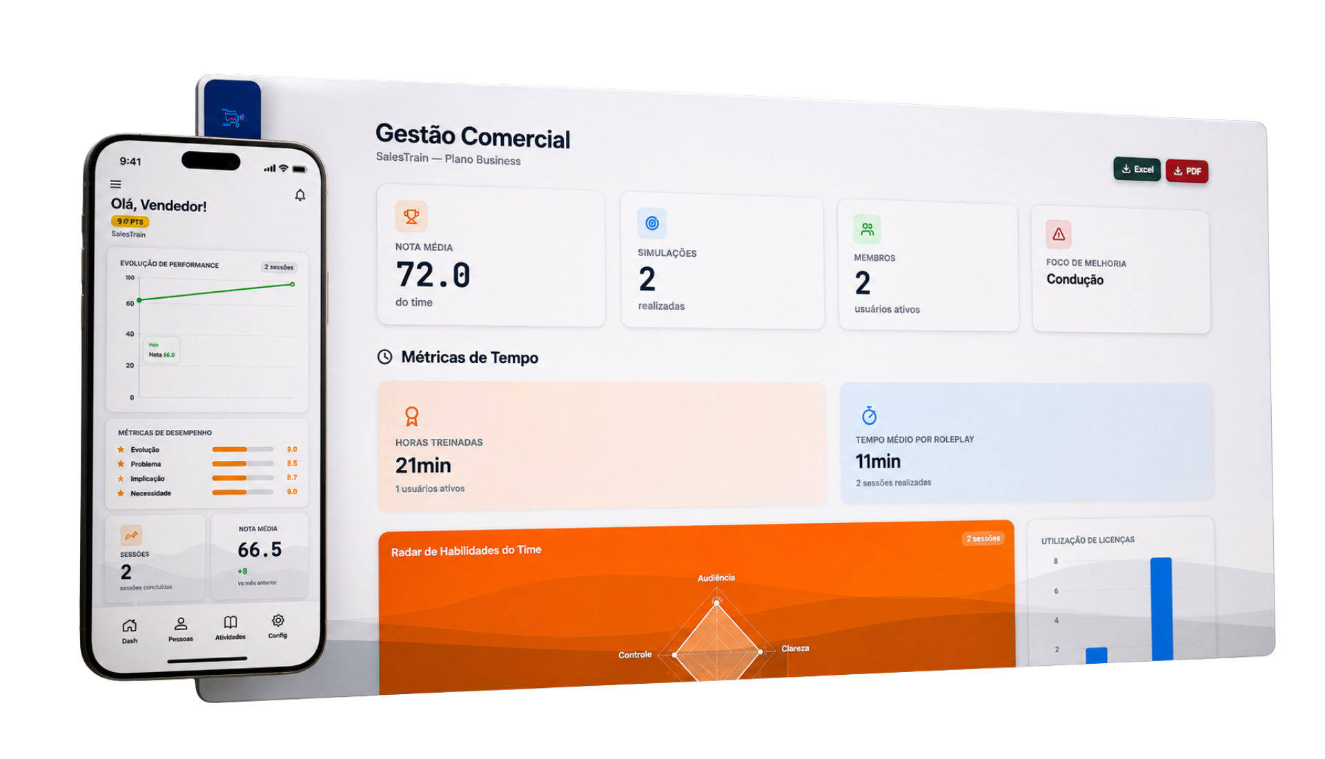 SalesTrain no desktop e no celular: dashboard de gestão comercial e app do vendedor