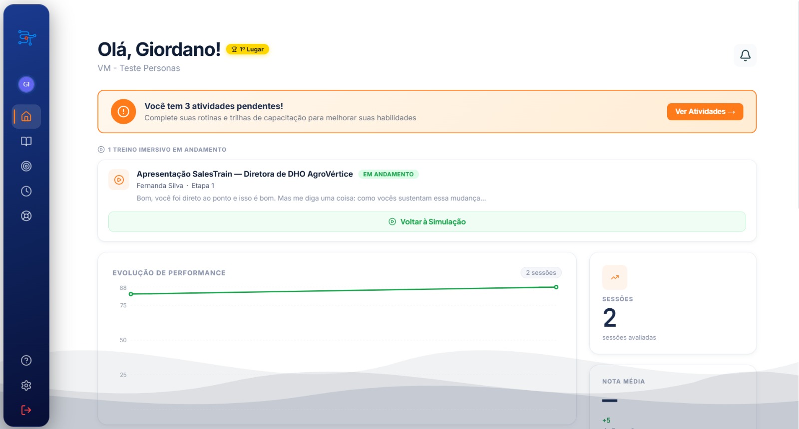 Dashboard do vendedor com evolução de performance no SalesTrain