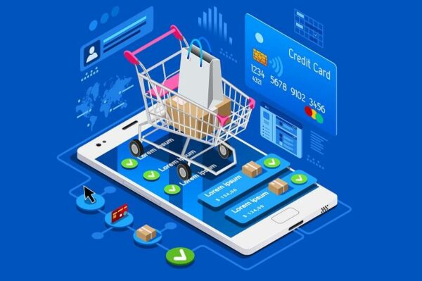 imagem demonstra ecommerce com carrinho de compras em cima de celular e vários ícones digitais