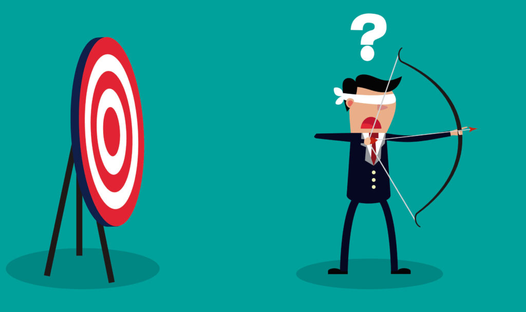 vendedor com olhos vendados atira flecha tentando atingir o alvo meta