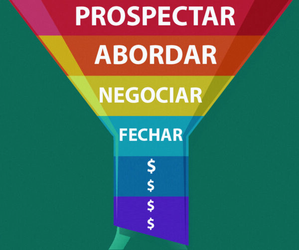 funil de vendas colorido com etapas se transformando em cifrões