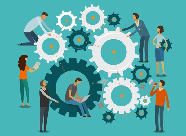 pessoas movendo engrenagens simulam rotina em vendas