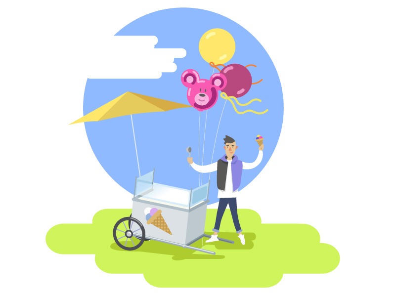 menino vende sorvete e inclui bexigas na estratégia de venda