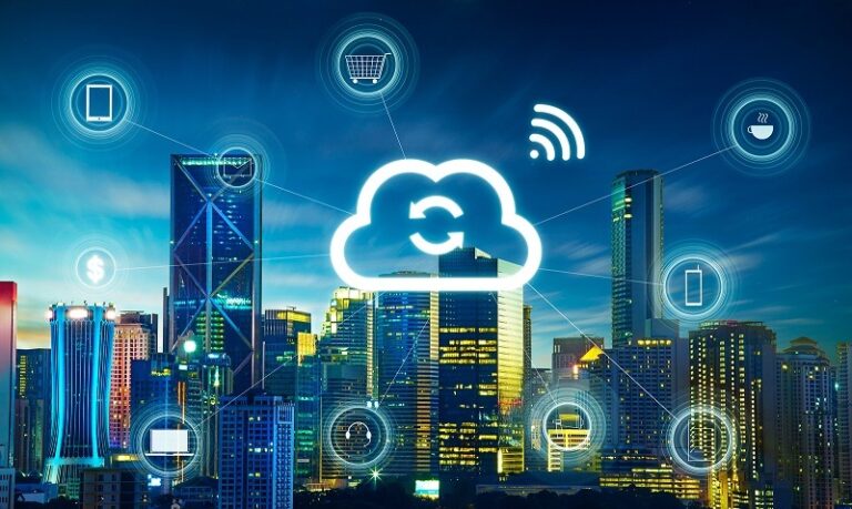 cloud computing soluções em nuvem acima de uma cidade