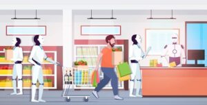 humanos e robôs fazendo compra no varejo inteligência artificial