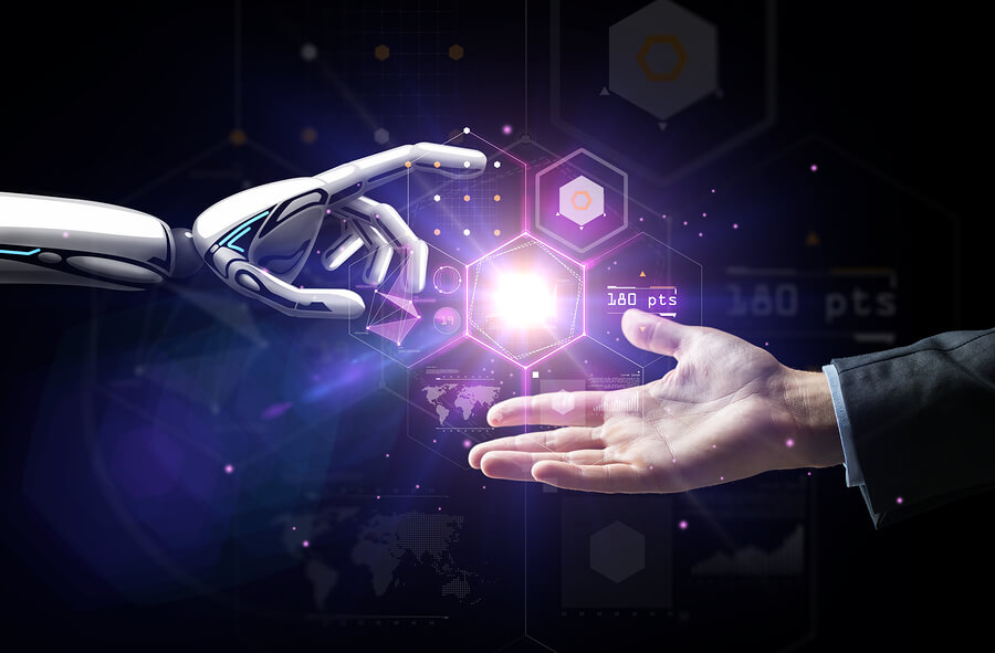 inteligência artificial mão robótica tocando mão humana em referência ao início dos tempos
