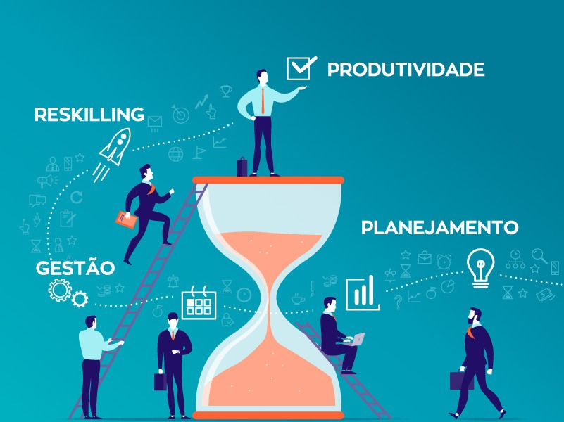 gestor em cima de ampulheta de tempo administra vários desafios de gestão