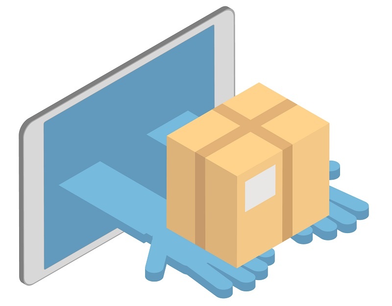 união do digital com o físico mão entrega pacote pela tela do computador